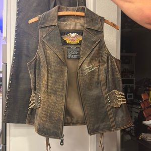 Harley Davidson Brown Leather Vest & Matching Pants.